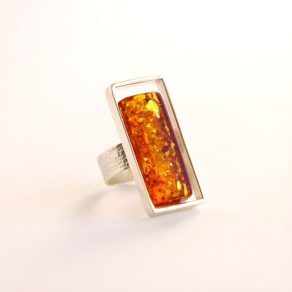 Natural Baltic Amber Modern Ring- 925 Sterling Silver- Handmade - Picture 2 of 7